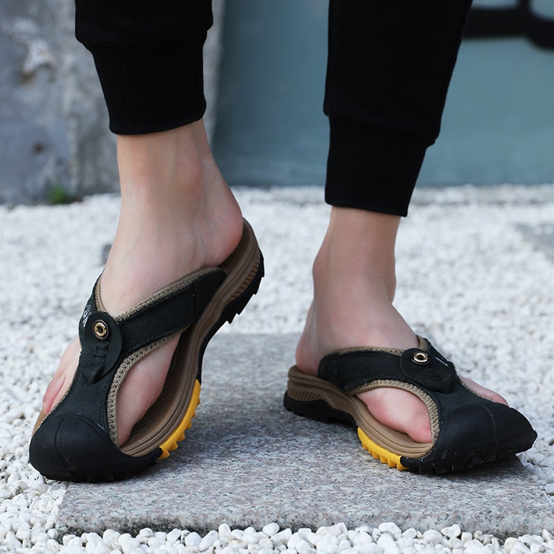 Genuine Cow Leather Men Sandals / Flip Flops massage design anti-slip / FREE-Shipping
