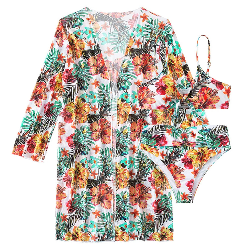 Sexy High Waisted Bikini Three Pieces Floral Print Swimsuit for Ladies - Robe / FREE Shipping