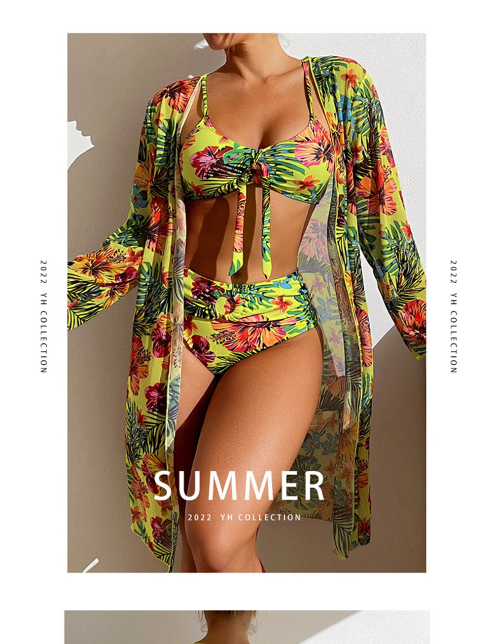 Sexy High Waisted Bikini Three Pieces Floral Print Swimsuit for Ladies - Robe / FREE Shipping