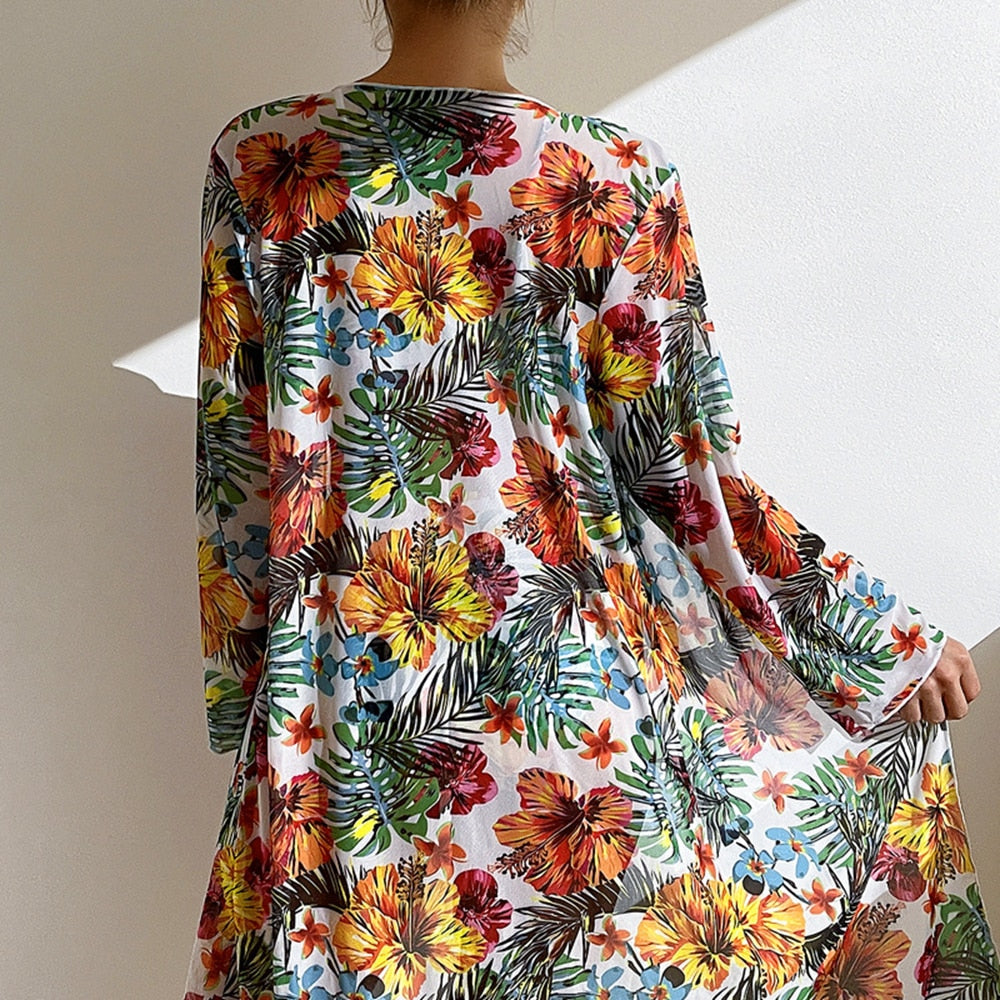 Sexy High Waisted Bikini Three Pieces Floral Print Swimsuit for Ladies - Robe / FREE Shipping