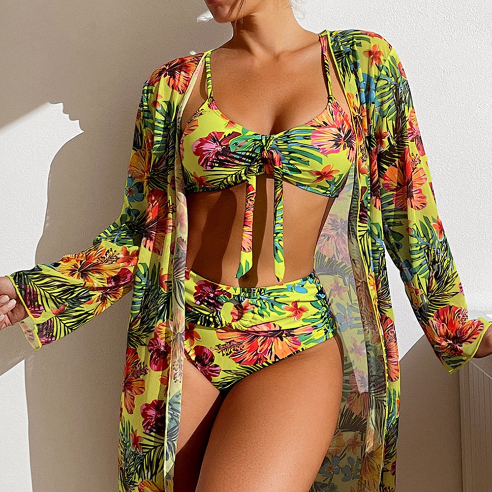 Sexy High Waisted Bikini Three Pieces Floral Print Swimsuit for Ladies - Robe / FREE Shipping