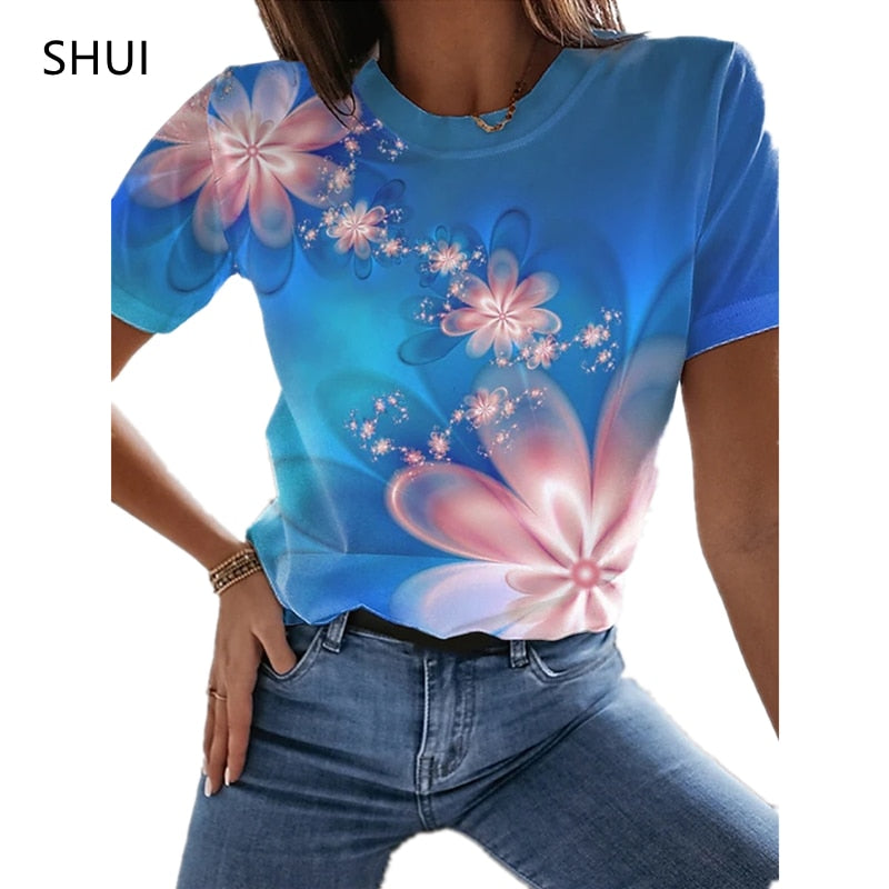 Ladies beautiful floral 3d design prints casual blouse t-shirt top / FREE Shipping