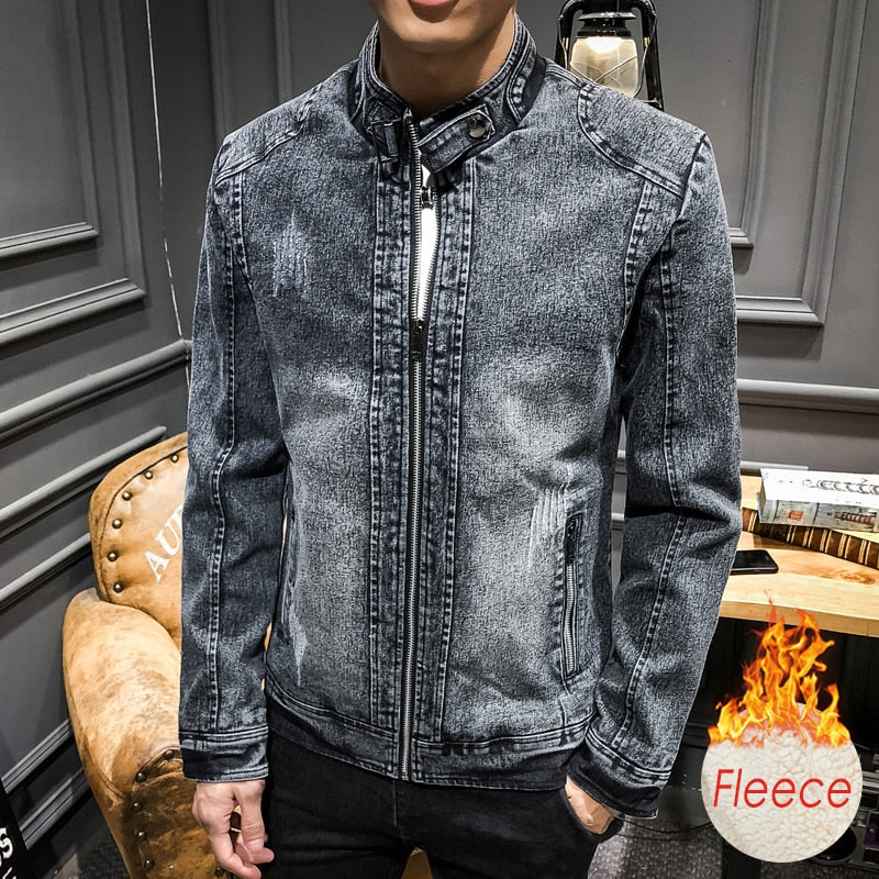 Men's 100% Cotton Fleece Denim Jeans Jacket comfortable and warm / FREE Shipping