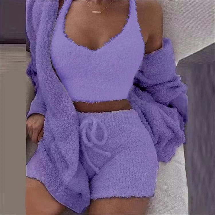Ladies 3 Piece Fluffy Fleece Outfit Jacket / Top / Shorts Sexy Backless Top / FREE Shipping
