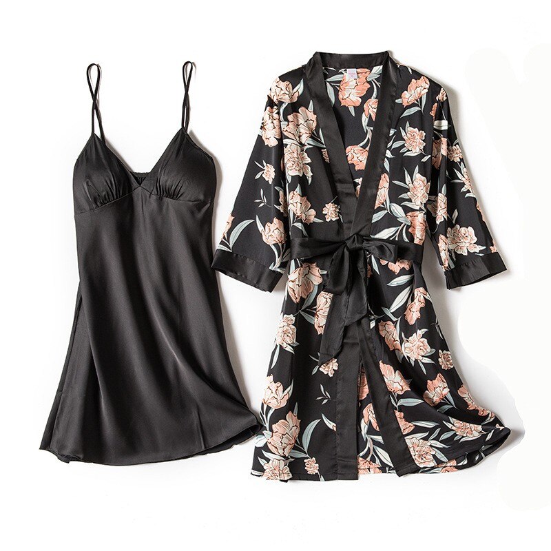Ladies Intimate Lingerie Sexy Robe / Kimono / soft Satin Print Flowers / FREE Shipping