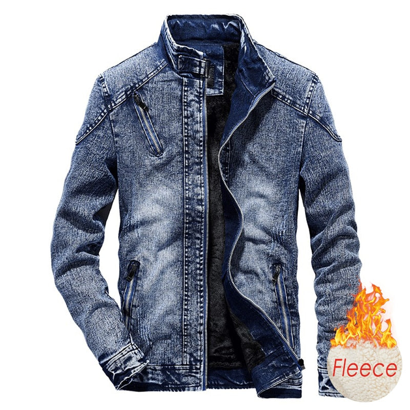 Men's 100% Cotton Fleece Denim Jeans Jacket comfortable and warm / FREE Shipping