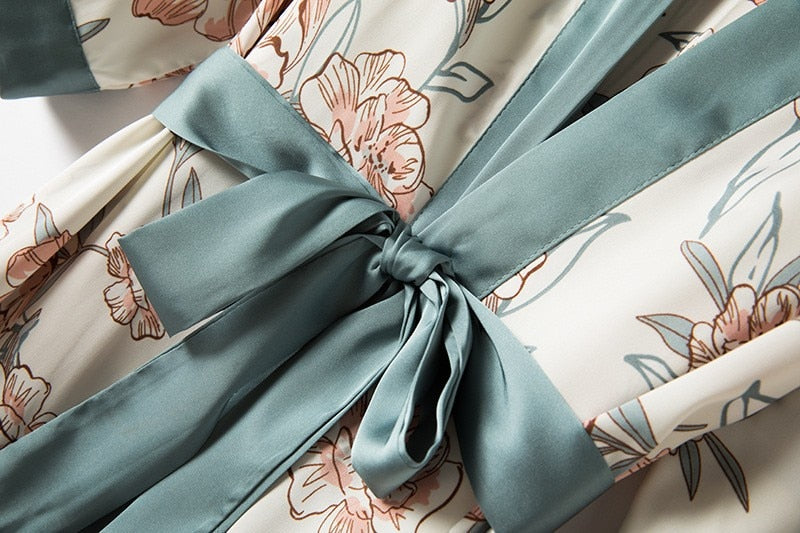 Ladies Intimate Lingerie Sexy Robe / Kimono / soft Satin Print Flowers / FREE Shipping