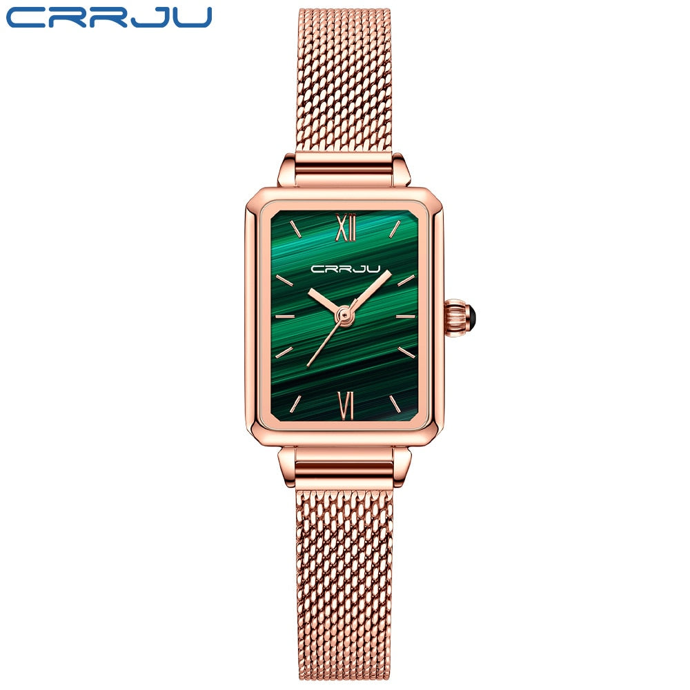Ladies Green Square Watch Analog Quartz Stainless Steel Mesh Leather Band Casual Fashion Ladies Wrist Watches 3ATM Waterproof