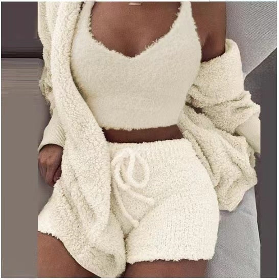Ladies 3 Piece Fluffy Fleece Outfit Jacket / Top / Shorts Sexy Backless Top / FREE Shipping