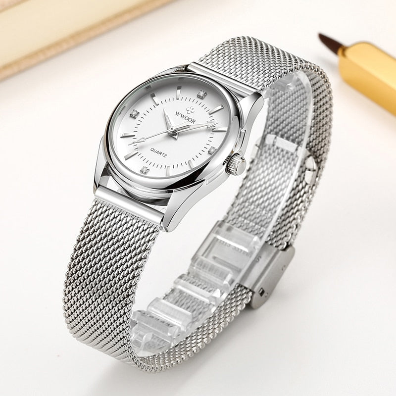 WWOOR Small Luxury Top Brand Ladies wrist watch / Silver Stainless Steel Diamonds, enter Discount Code S0BZVDKASTKZ Buy 1 get 1 FREE / FREE Shipping