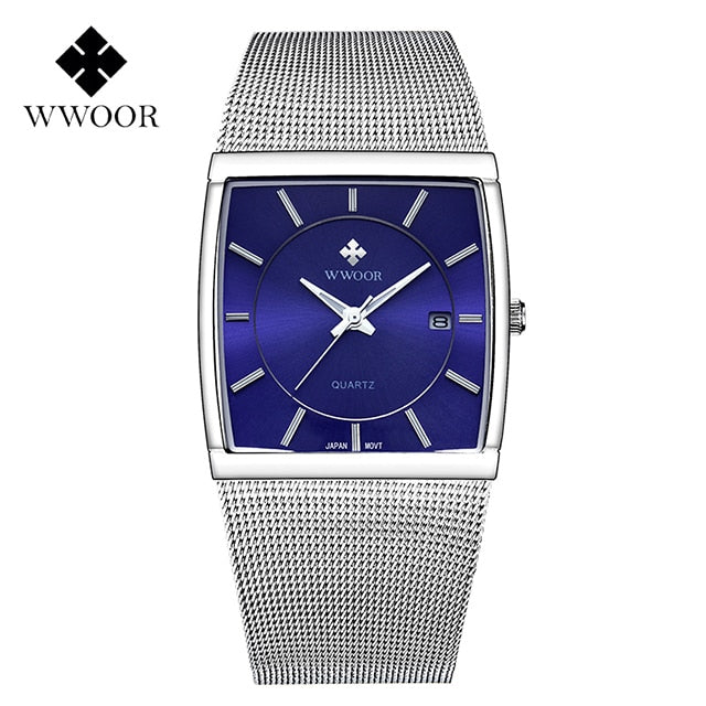 WWOOR Luxury Gold Watch Men Square Japan Quartz Slim Steel Mesh Waterproof / Sports Auto Date