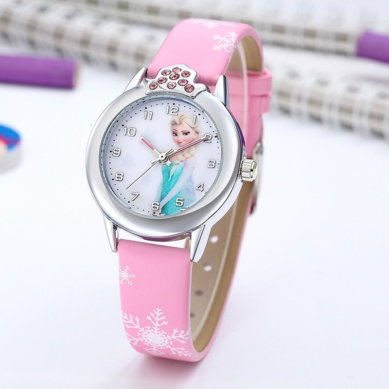 Elsa Princess Watches Girls Leather Strap Cute Cartoon Wristwatches Gifts for Kids Girl Frozen Clock