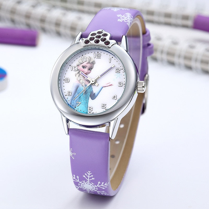 Elsa Princess Watches Girls Leather Strap Cute Cartoon Wristwatches Gifts for Kids Girl Frozen Clock