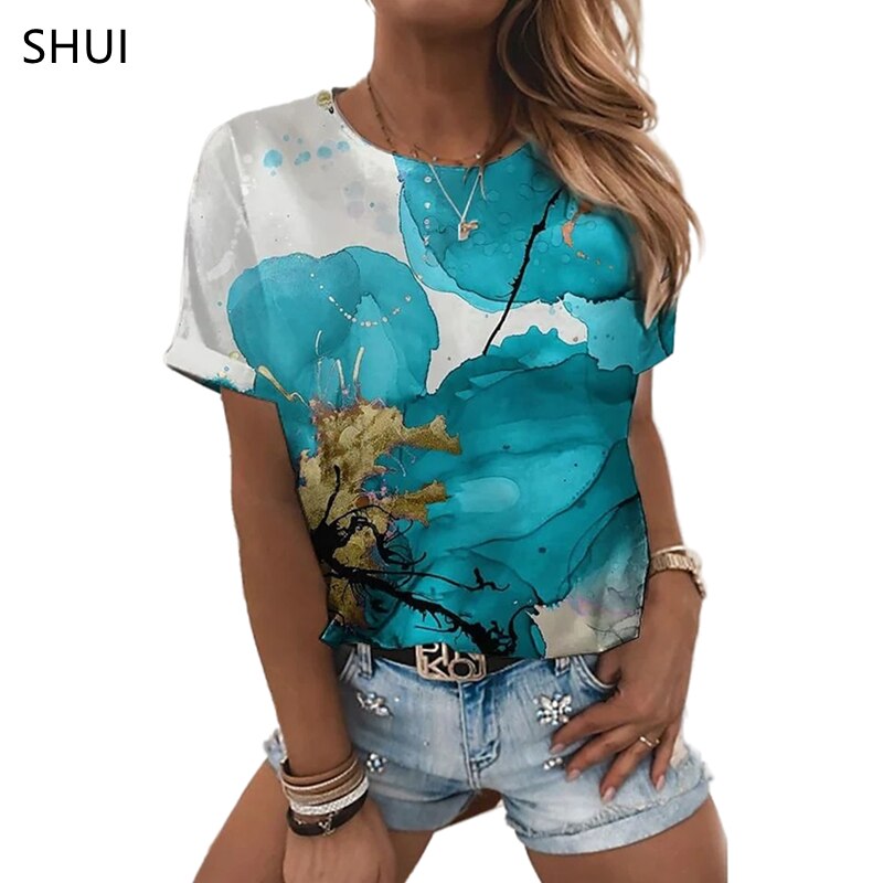 Ladies beautiful 3d floral print designs casual blouse t-shirt tops / FREE Shipping