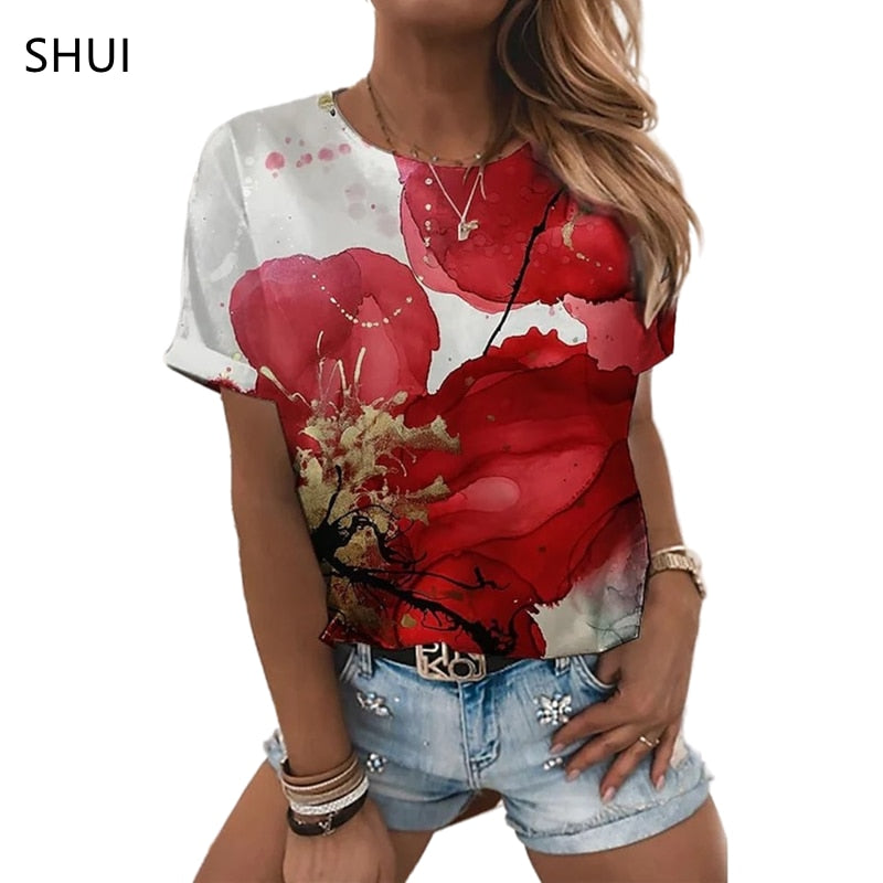 Ladies beautiful 3d floral print designs casual blouse t-shirt tops / FREE Shipping