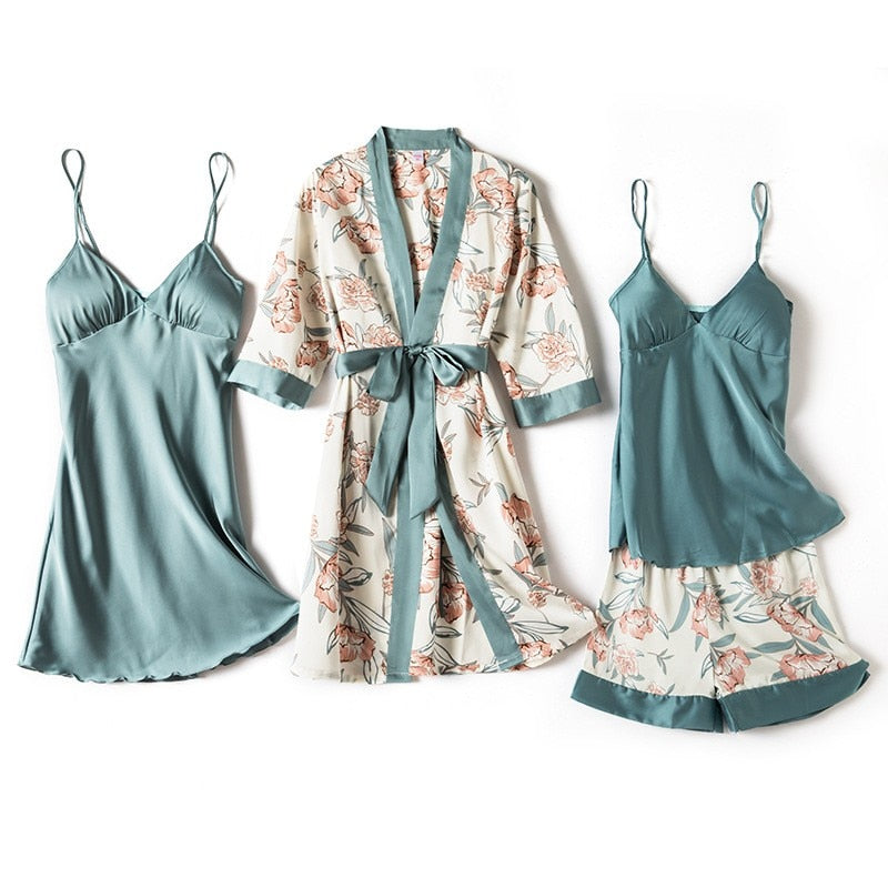 Ladies Intimate Lingerie Sexy Robe / Kimono / soft Satin Print Flowers / FREE Shipping