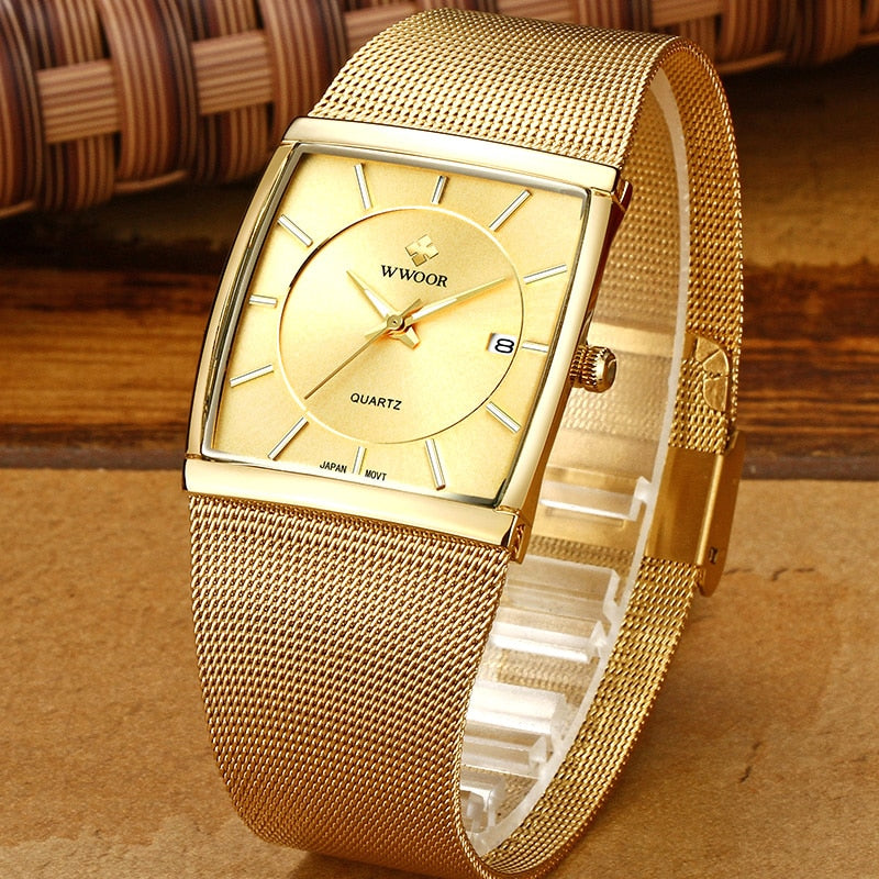 WWOOR Luxury Gold Watch Men Square Japan Quartz Slim Steel Mesh Waterproof / Sports Auto Date