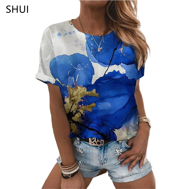 Ladies beautiful 3d floral print designs casual blouse t-shirt tops / FREE Shipping