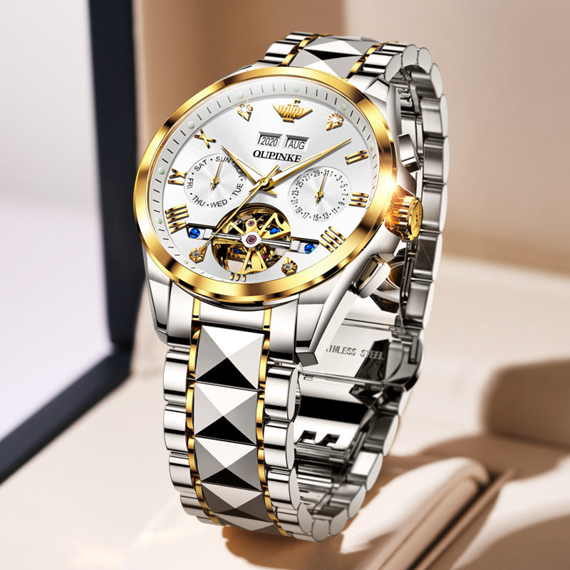 Swiss OUPINKE Top Brand Luxury business Men's Wrist Watch Stainless Steel Waterproof