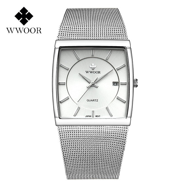 WWOOR Luxury Gold Watch Men Square Japan Quartz Slim Steel Mesh Waterproof / Sports Auto Date