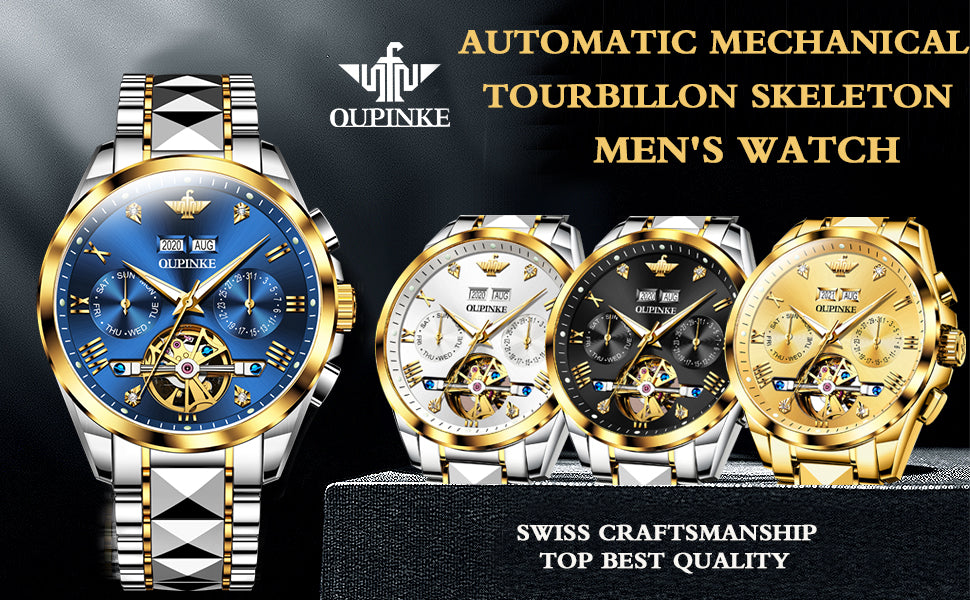 Swiss OUPINKE Top Brand Luxury business Men's Wrist Watch Stainless Steel Waterproof