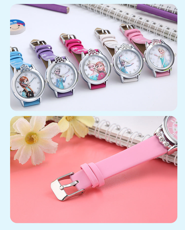 Elsa Princess Watches Girls Leather Strap Cute Cartoon Wristwatches Gifts for Kids Girl Frozen Clock