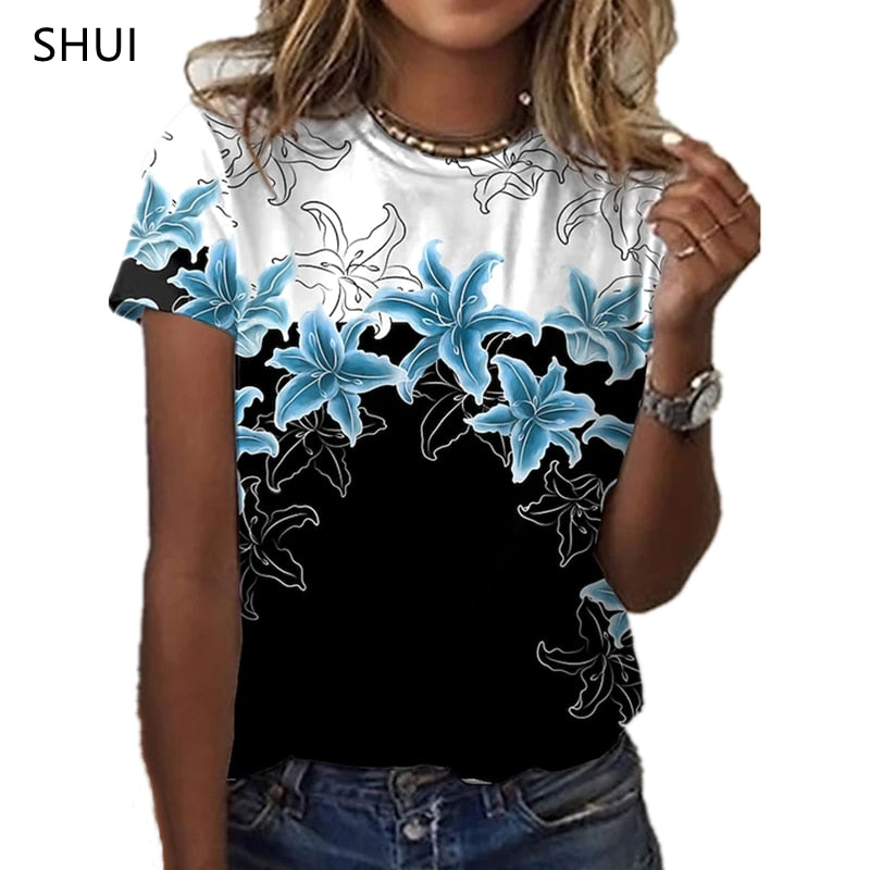 Ladies beautiful floral 3d design prints casual blouse t-shirt top / FREE Shipping