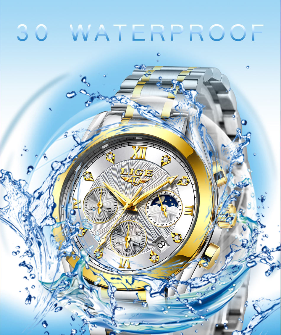 LIGE beautiful elegant  Ladies Watch / Waterproof/  Rose Gold Steel Strap / Top Brand Bracelet