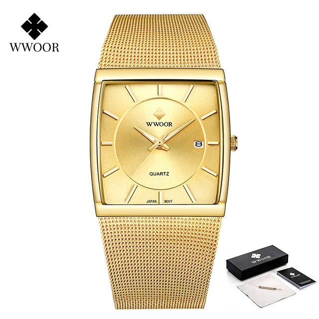 WWOOR Luxury Gold Watch Men Square Japan Quartz Slim Steel Mesh Waterproof / Sports Auto Date