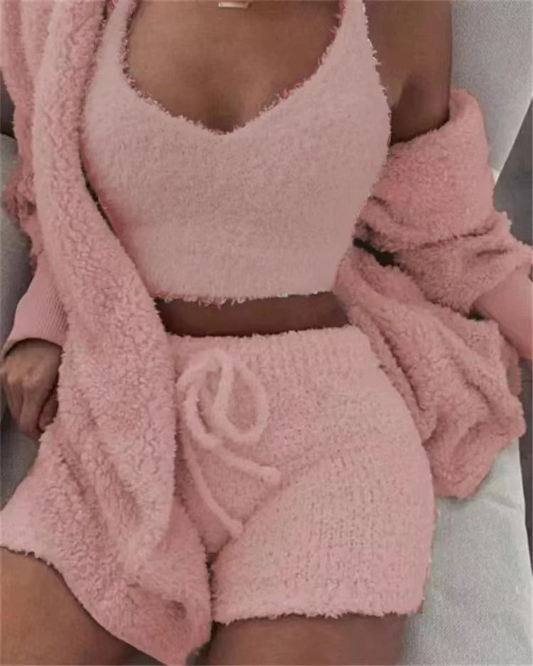 Ladies 3 Piece Fluffy Fleece Outfit Jacket / Top / Shorts Sexy Backless Top / FREE Shipping