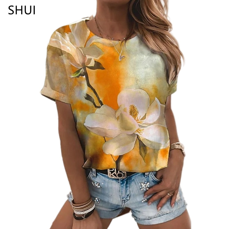 Ladies beautiful 3d floral print designs casual blouse t-shirt tops / FREE Shipping