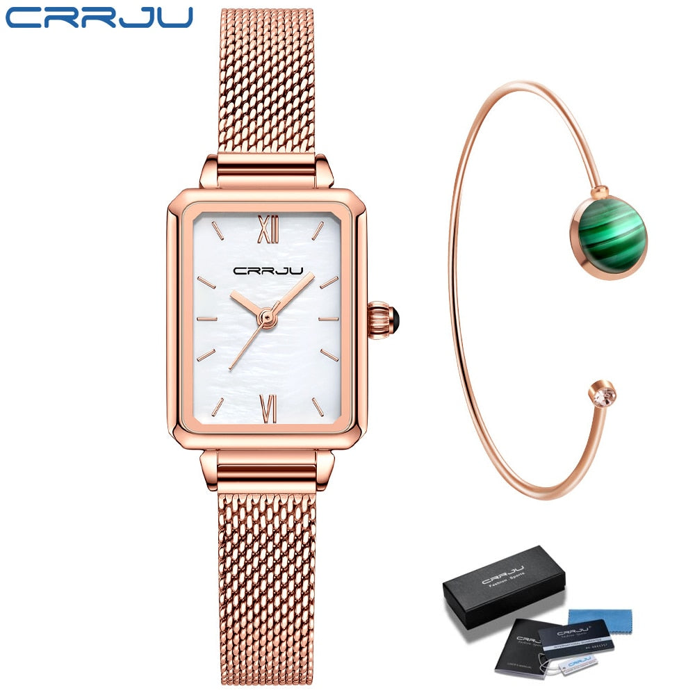 Ladies Green Square Watch Analog Quartz Stainless Steel Mesh Leather Band Casual Fashion Ladies Wrist Watches 3ATM Waterproof