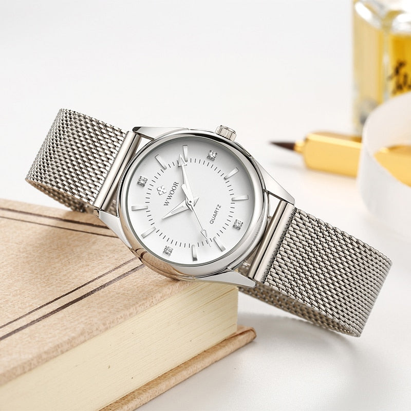 WWOOR Small Luxury Top Brand Ladies wrist watch / Silver Stainless Steel Diamonds, enter Discount Code S0BZVDKASTKZ Buy 1 get 1 FREE / FREE Shipping