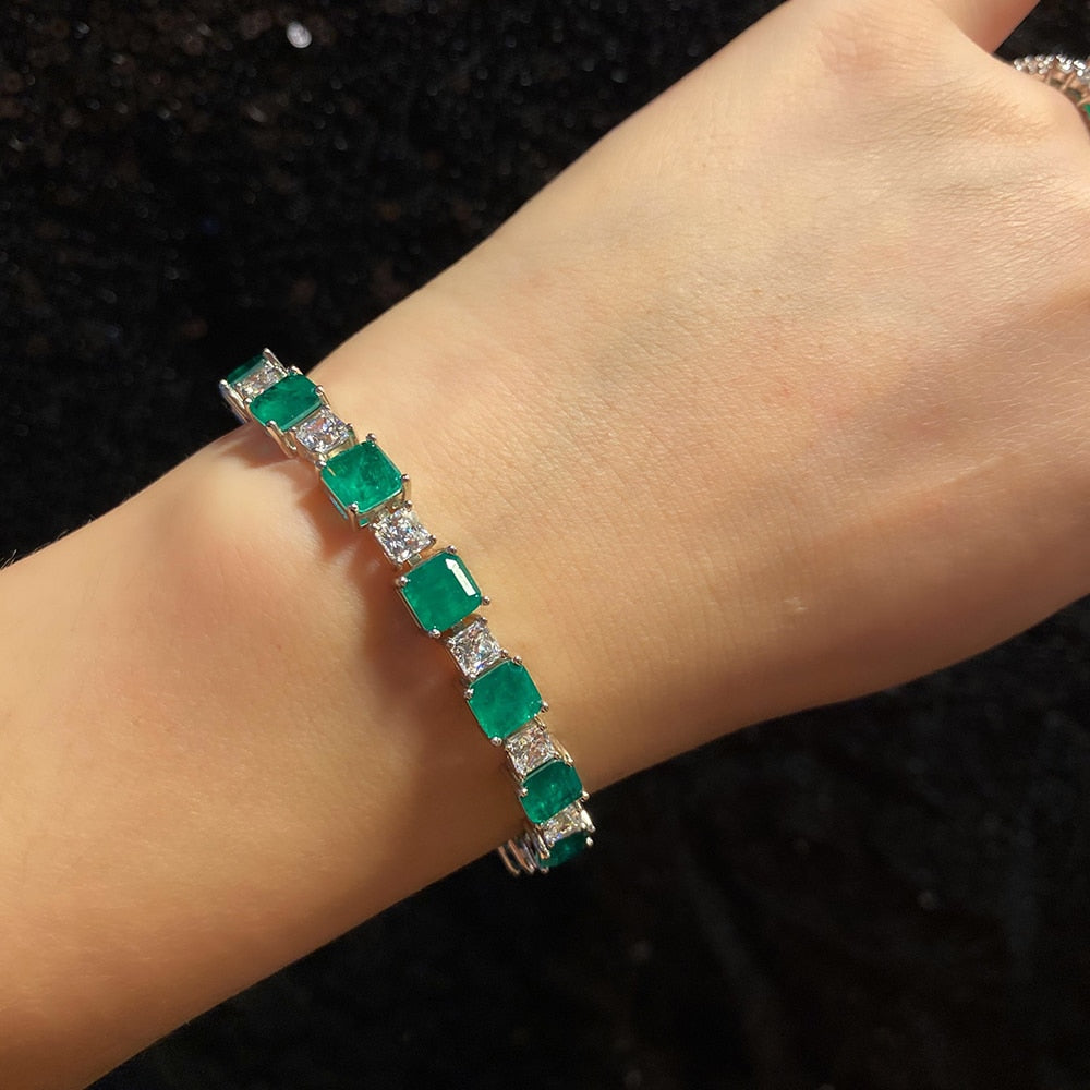 Beautiful 925 Sterling Silver Emerald Diamond tennis Bracelet for Women / Free Shipping