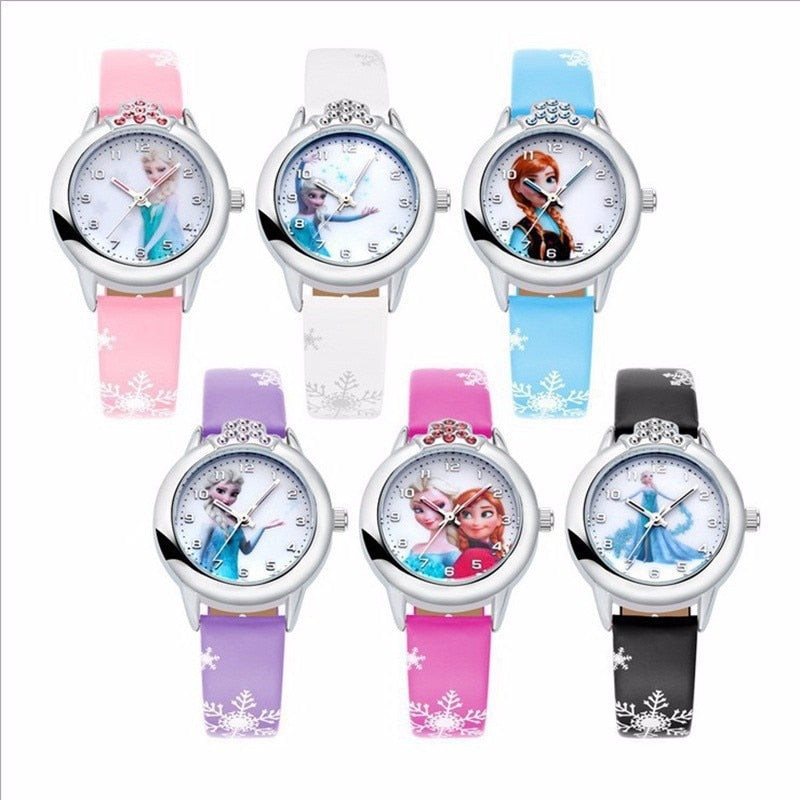 Elsa Princess Watches Girls Leather Strap Cute Cartoon Wristwatches Gifts for Kids Girl Frozen Clock