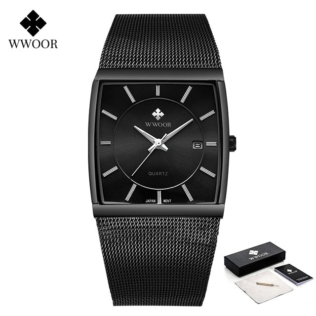 WWOOR Luxury Gold Watch Men Square Japan Quartz Slim Steel Mesh Waterproof / Sports Auto Date
