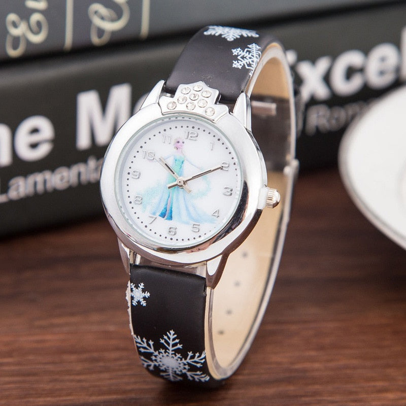 Elsa Princess Watches Girls Leather Strap Cute Cartoon Wristwatches Gifts for Kids Girl Frozen Clock