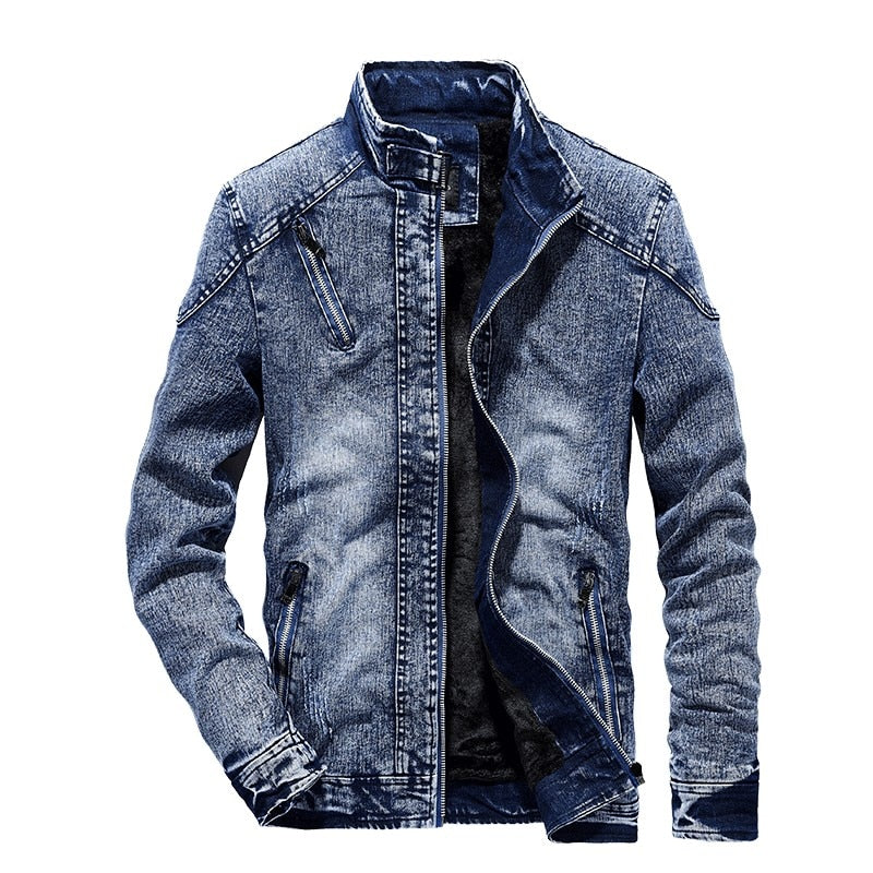 Men's 100% Cotton Fleece Denim Jeans Jacket comfortable and warm / FREE Shipping