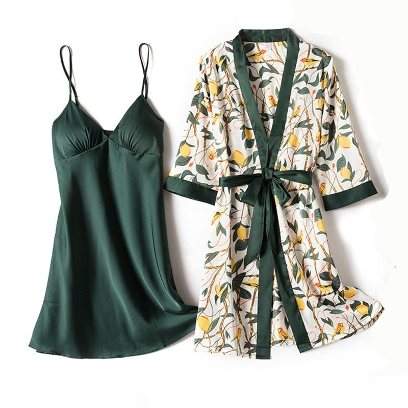 Ladies Intimate Lingerie Sexy Robe / Kimono / soft Satin Print Flowers / FREE Shipping