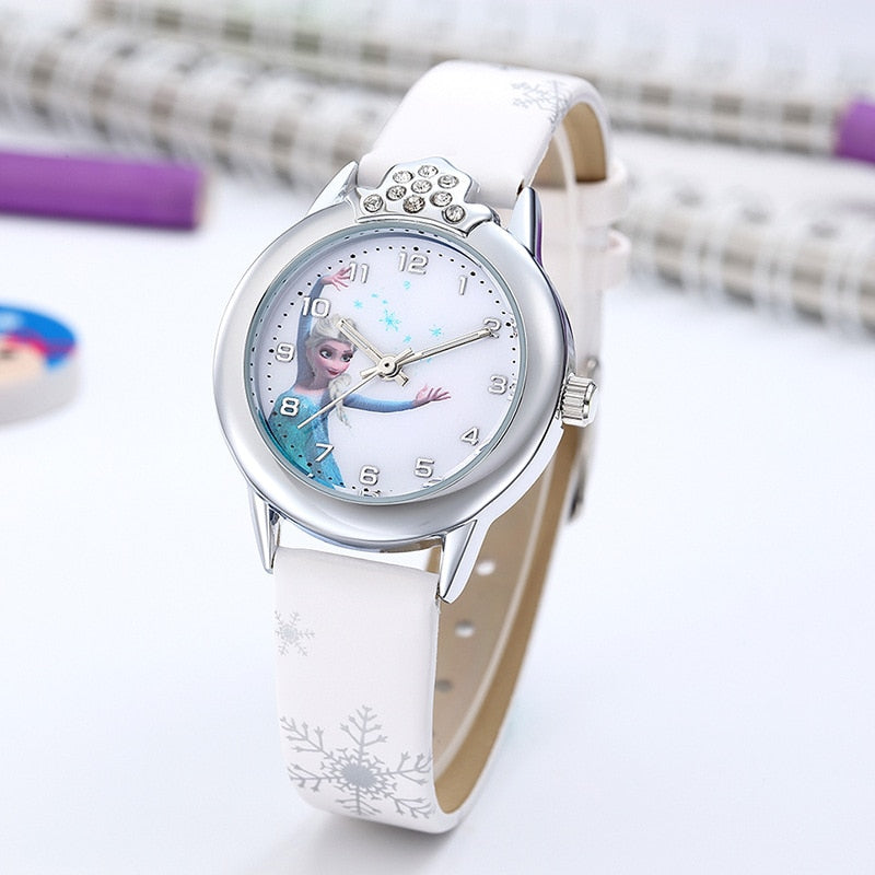 Elsa Princess Watches Girls Leather Strap Cute Cartoon Wristwatches Gifts for Kids Girl Frozen Clock