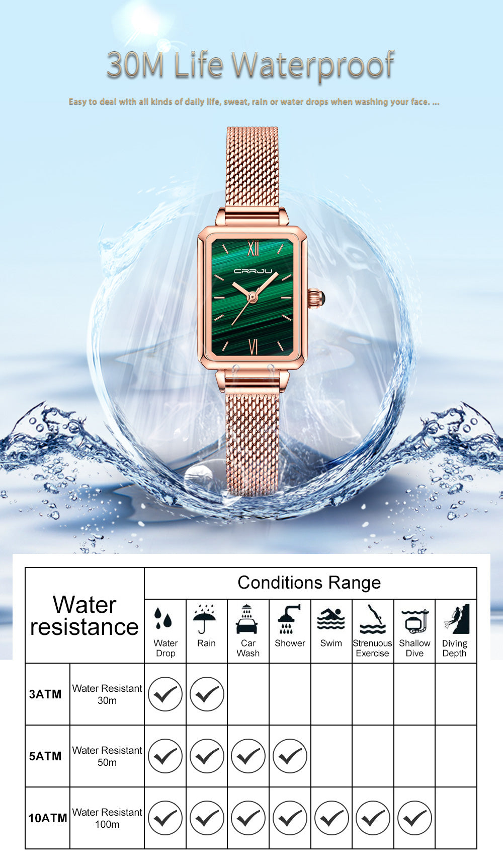 Ladies Green Square Watch Analog Quartz Stainless Steel Mesh Leather Band Casual Fashion Ladies Wrist Watches 3ATM Waterproof