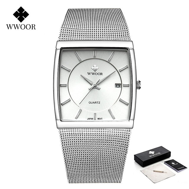 WWOOR Luxury Gold Watch Men Square Japan Quartz Slim Steel Mesh Waterproof / Sports Auto Date