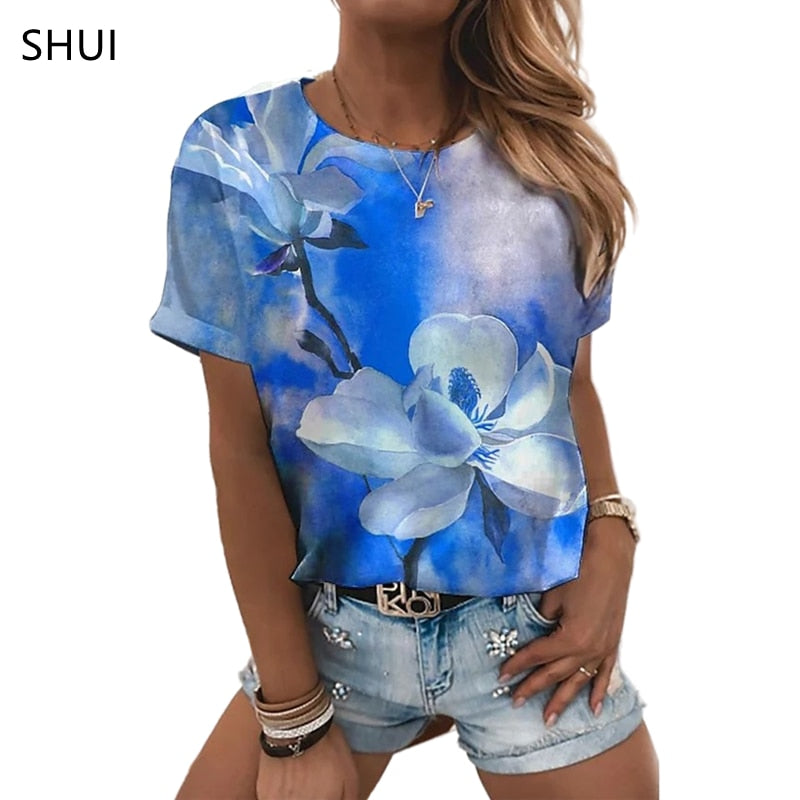 Ladies beautiful 3d floral print designs casual blouse t-shirt tops / FREE Shipping