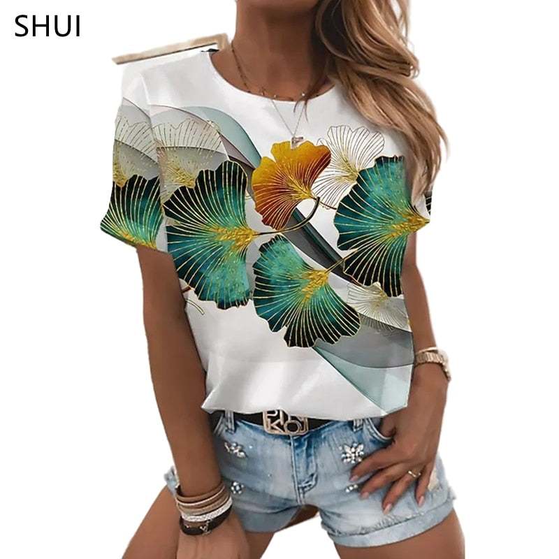 Ladies beautiful 3d floral print designs casual blouse t-shirt tops / FREE Shipping