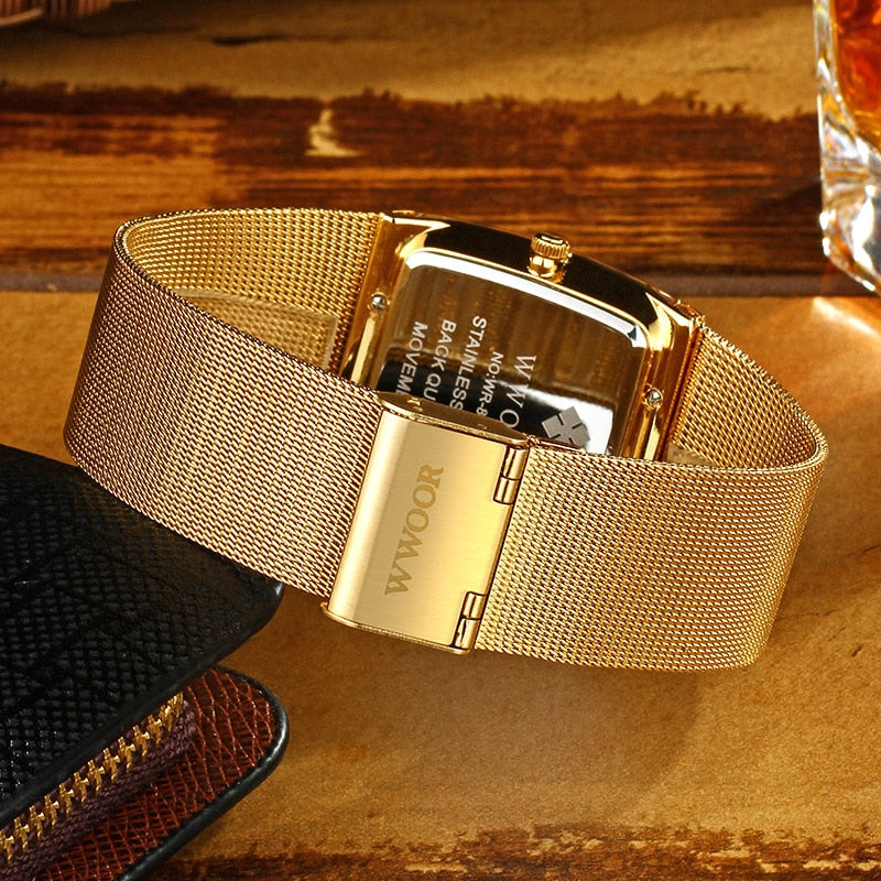 WWOOR Luxury Gold Watch Men Square Japan Quartz Slim Steel Mesh Waterproof / Sports Auto Date