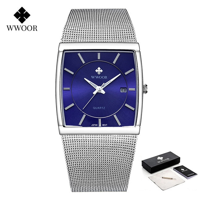 WWOOR Luxury Gold Watch Men Square Japan Quartz Slim Steel Mesh Waterproof / Sports Auto Date
