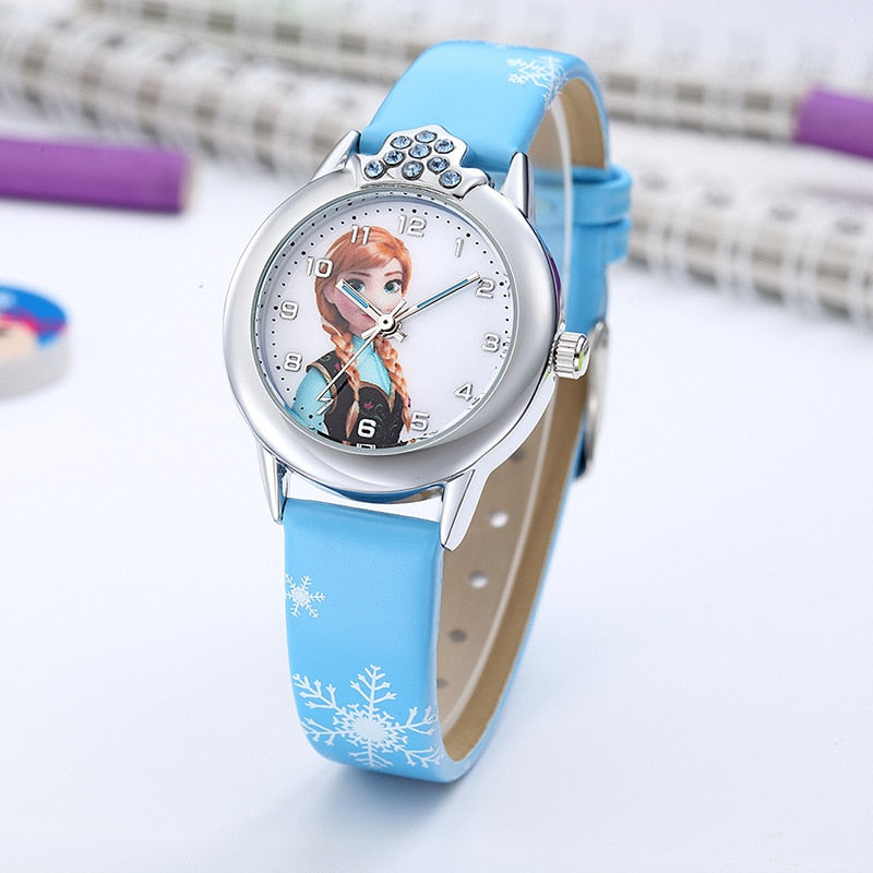 Elsa Princess Watches Girls Leather Strap Cute Cartoon Wristwatches Gifts for Kids Girl Frozen Clock