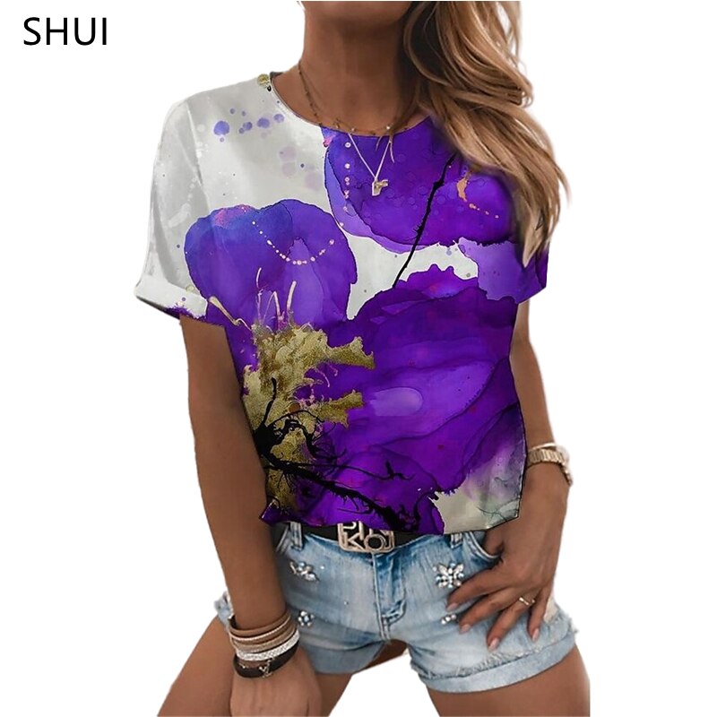 Ladies beautiful 3d floral print designs casual blouse t-shirt tops / FREE Shipping