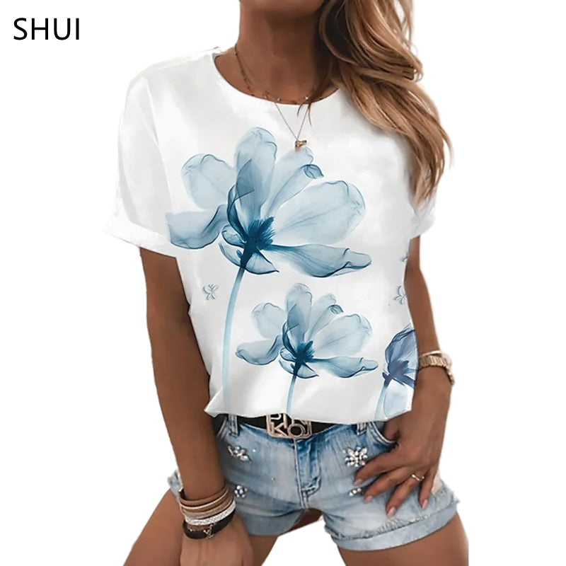 Ladies beautiful 3d floral print designs casual blouse t-shirt tops / FREE Shipping