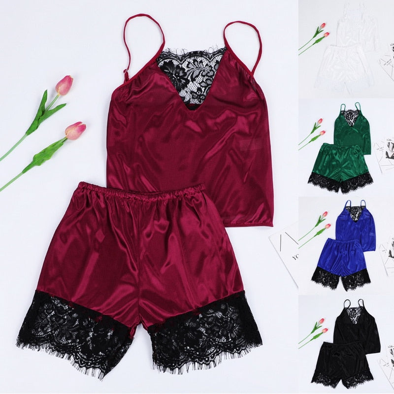 Ladies Satin Pajama Set Silky Lace Casual Two Piece Outfit / FREE Shipping